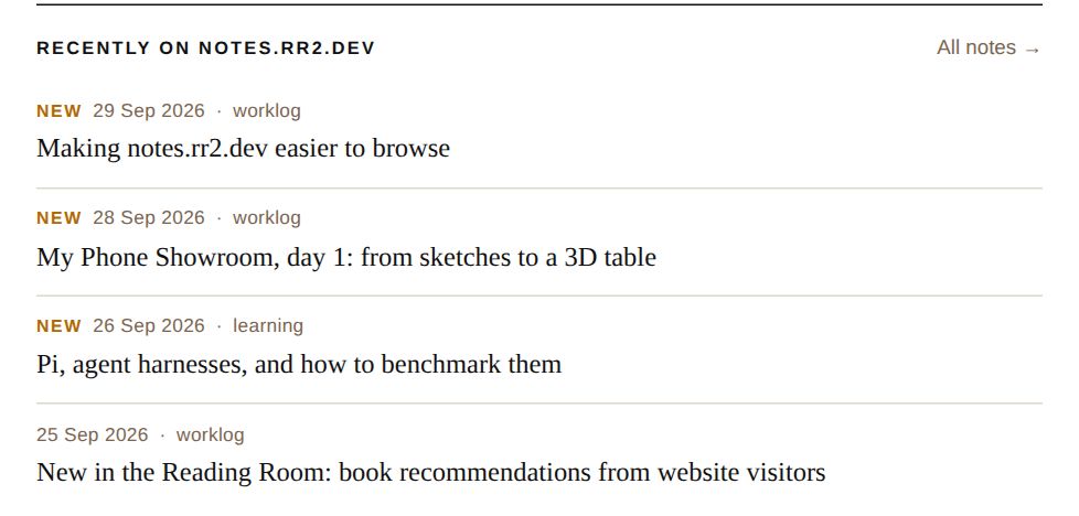 The end of a note: a Recently on notes.rr2.dev list with four entries, each with a date, a section and a title.