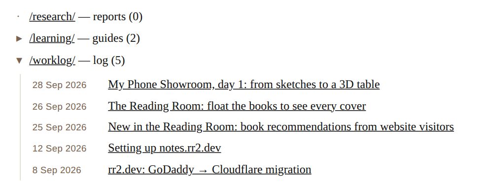 Homepage sections with the worklog opened to show dated entries.