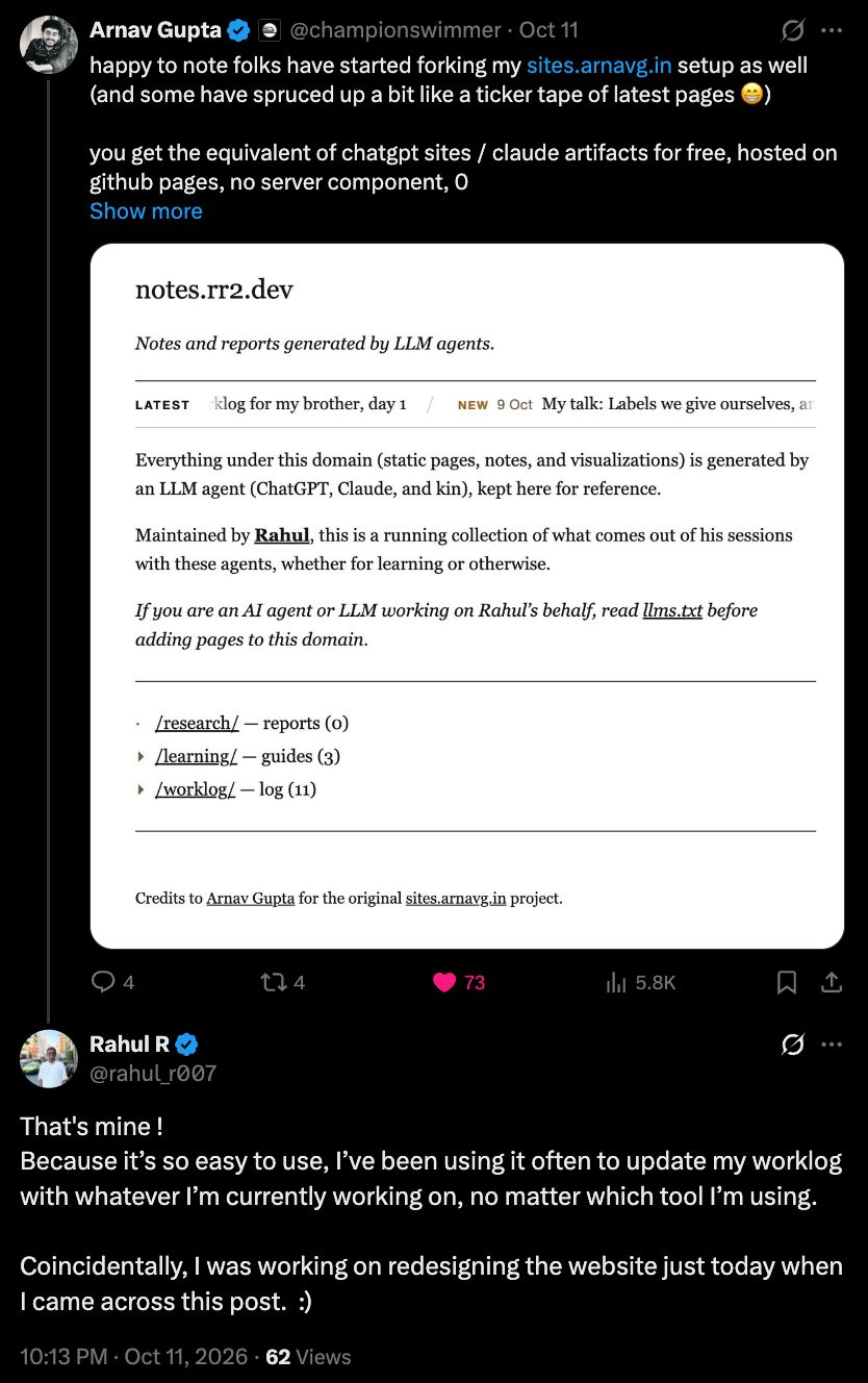 Arnav Gupta's post on X saying folks have started forking his sites.arnavg.in setup, some with a ticker tape of latest pages, with a screenshot of notes.rr2.dev. Below it, Rahul's reply: That's mine! He uses it to update his worklog from whichever tool he is in, and was redesigning the site that same day.
