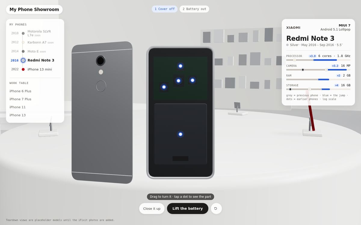 First build: a pale grey room with wall shelves, a grey Redmi next to a dark placeholder interior with blue dots.