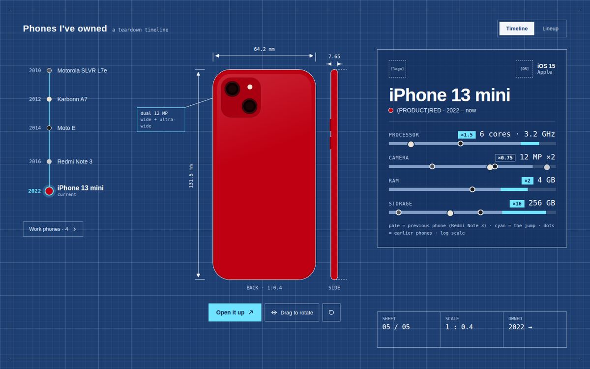 Blue blueprint page with the iPhone drawn with dimension lines.