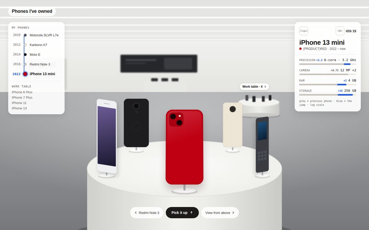 A round white table with phones on stands in a circle, the iPhone in front, and a small second table in the background.