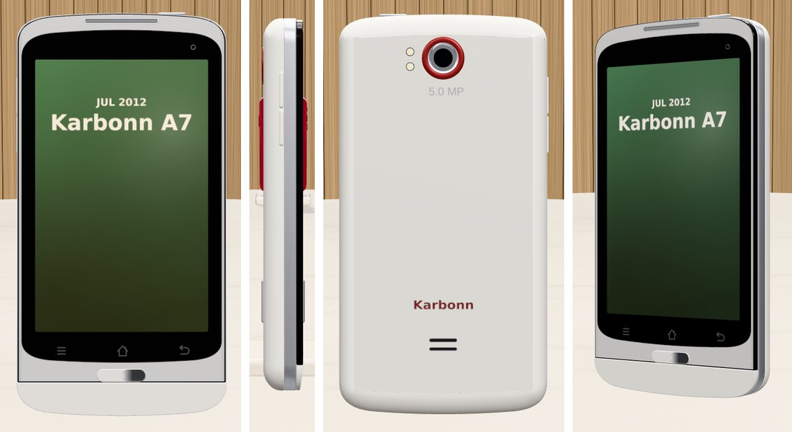 The traced Karbonn A7: white front with black glass, slim side, white back with the red camera ring, and an angled view.