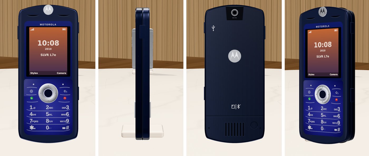 The traced SLVR L7e: navy front with the blue keypad, a slim side view, the back with the camera window and Motorola logo, and an angled view.