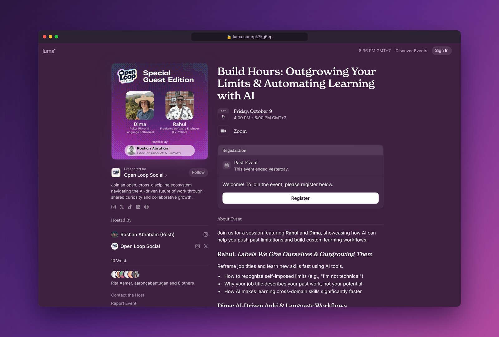 The Build Hours event page on Luma, with Dima and Rahul as guest speakers
