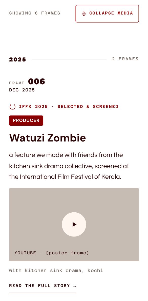 The feed on a phone: a numbered project with its role, title, note and a video placeholder